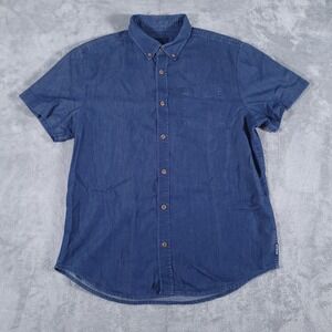 prAna Shirt Mens Large Blue‎ Chambray Button Down Organic Cotton Logo EUC